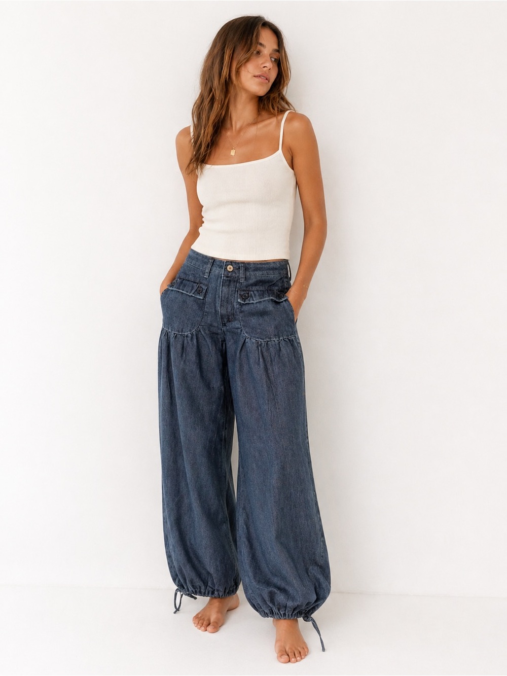 Barrel Leg Denim Pants Balloon Wide Leg Utility Blue Relaxed Fit S